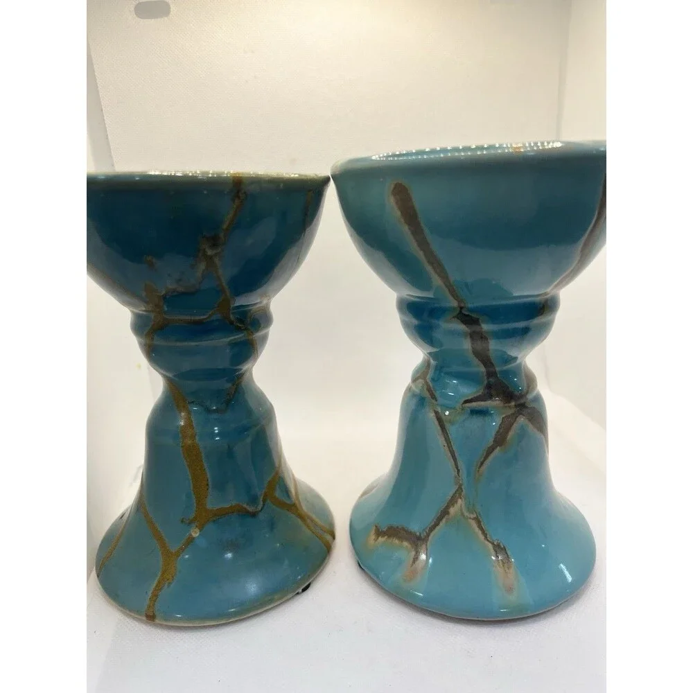 2 Raku Candle Holder Z Gallerie Pillar Taper Turquoise Blue teal brown 8